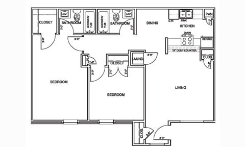 Floor plan for 2 beds, 798 sqft